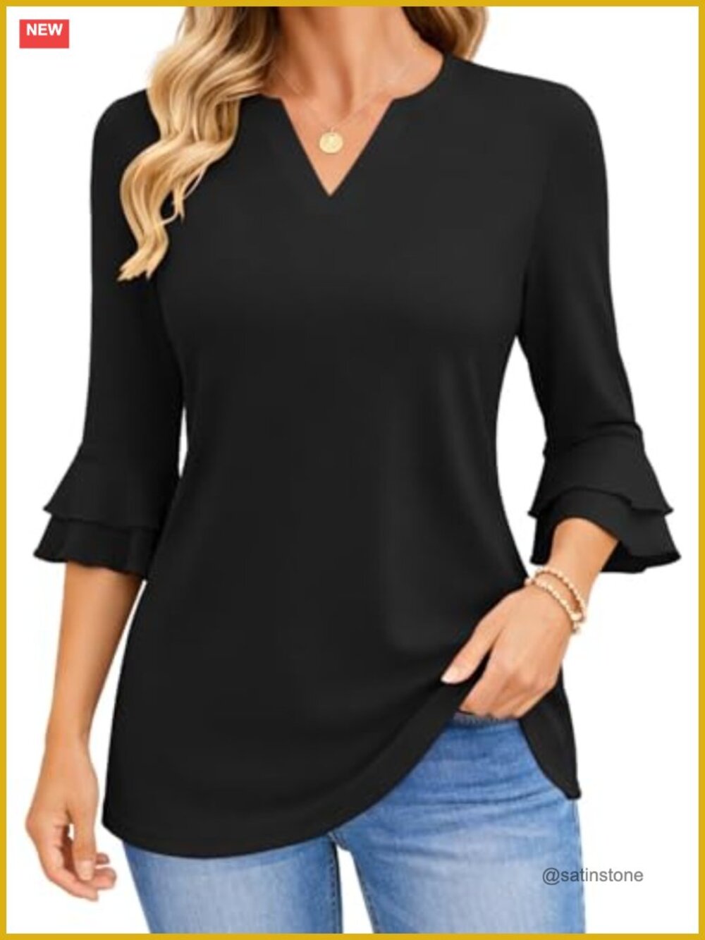 Women's 3/4 Bell Sleeve V-Neck Tunic Blouse Business Casual Work Top